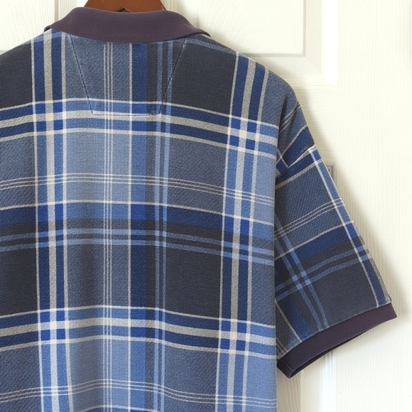 Nautica 90's Vintage Preppy Plaid Short Sleeve Henley Polo Shirt Navy Blue XL - Picture 10 of 10